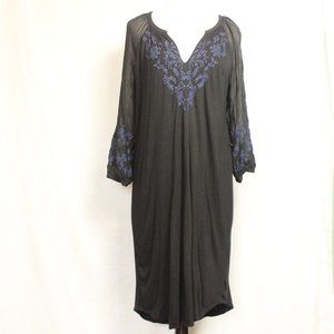 Lucky Brand Black Long Dress Blue Embroidery L